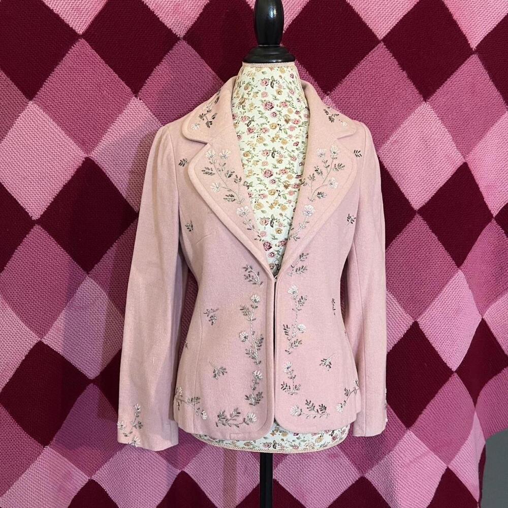 pink wool embroidered beaded blazer
